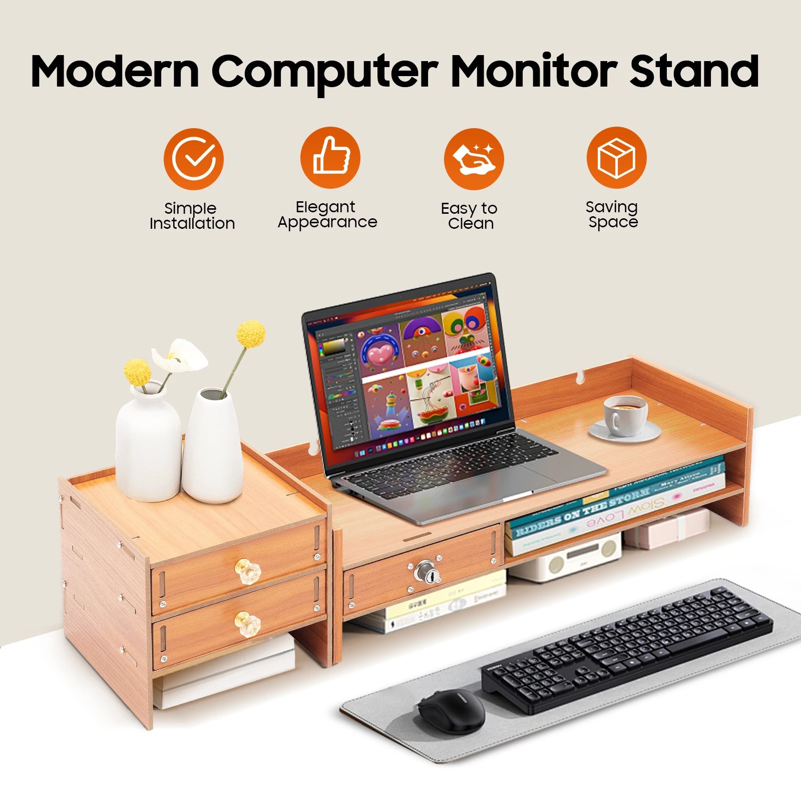 Computer Monitor Stand with Drawers & Keys & Phone Holder, Loading 5KG Computer Rack, Monitor Stand 48*20*13.5cm