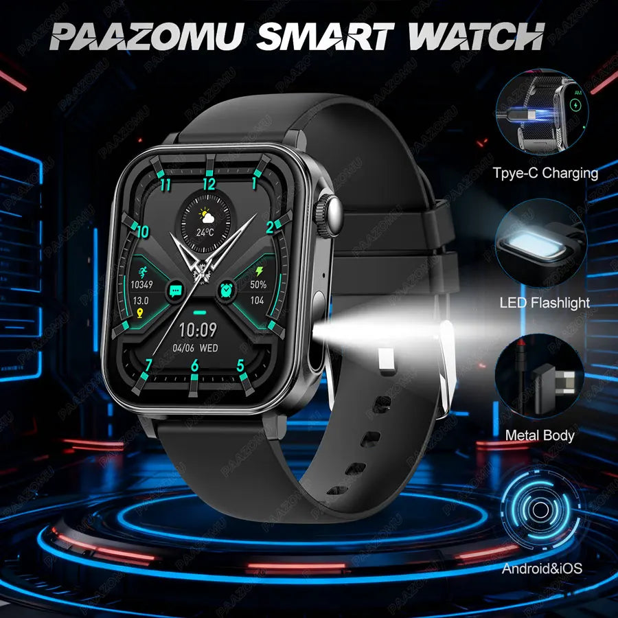 2025 New Smart Watch Men Women Type-C Charging Heart Rate LED Flashlight Bluetooth Call IP68 Waterproof SmartWatch for Android