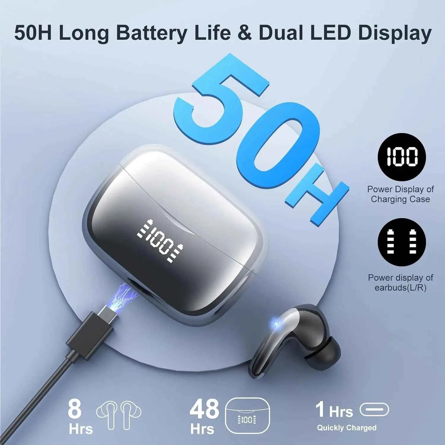 Bluetooth 5.3 Wireless Earbuds ENC Noise Cancelling Mic 50H Playtime Deep Bass Stereo Sound IP7 Waterproof LED Display Mini In-E