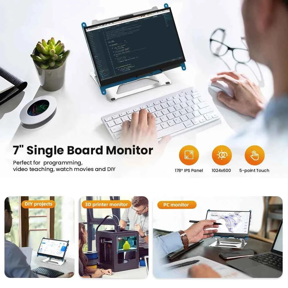 Driver-free Raspberry Pi Monitor 7-inch 1024x600 HD IPS Touchscreen 5-point Capacitive Touch Display for Raspberry Pi 4/3/2/1/3B+/BB, Second Screen for Banana Pi, Support Windows 11/10/8/7