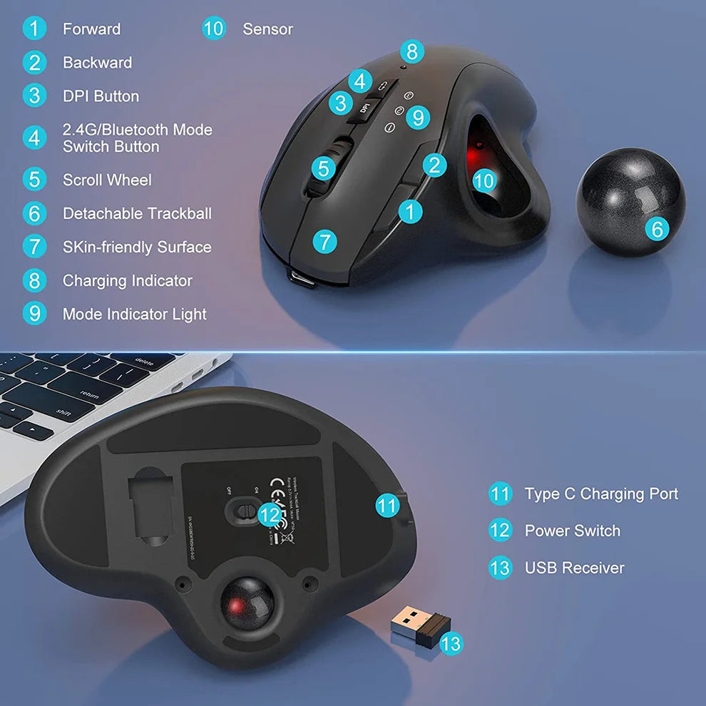 Jomaa Black 2.4G + Bluetooth Wireless Trackball Mouse Rechargeable Rollerball Mice Ergonomic Mice Thumb Control Mouse Gaming