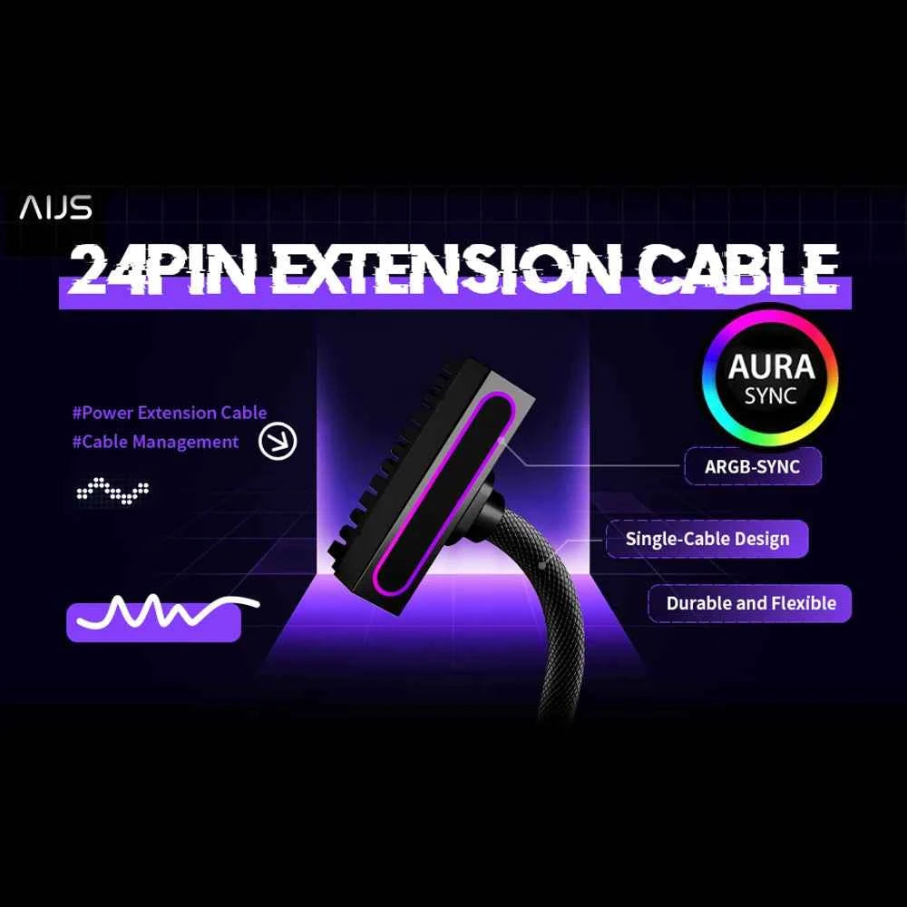 AIJS ATX 24PIN Extension Cable, ARGB PC Cable with 5V 3Pin,18AWG 90 Degree Right-Angle Design Male-to-Female Connectors