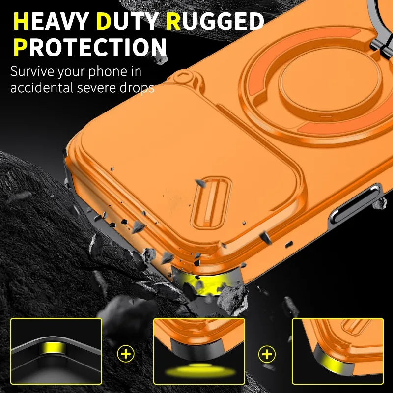 Luxury Heavy Duty Rugged Armor Magnetic Bracket Case For iPhone 17Air 16 15 14 17 Pro Max Plus Slide Camera Protection PC Cover