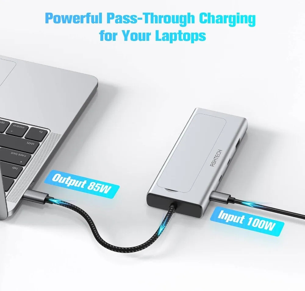RSHTECH M.2 NVMe/SATA SSD Enclosure 5-in-1 Aluminum 10Gbps USB C Hub with 3 USB 3.2 Data Ports 100W Power Delivery and M2 SSD Docking Station External USB-C to M.2 Caddy for Laptops MacBook
