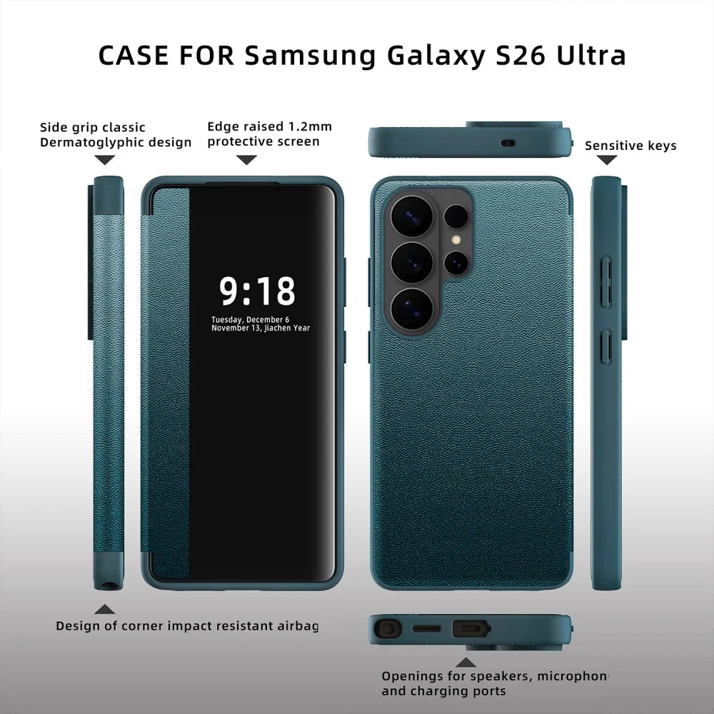 Flip Cover Smart Screen Protector Leather Case For Samsung S26 Ultra S25 S24 Plus S23 S22 S21 FE Shockproof Soft Silicone Cover
