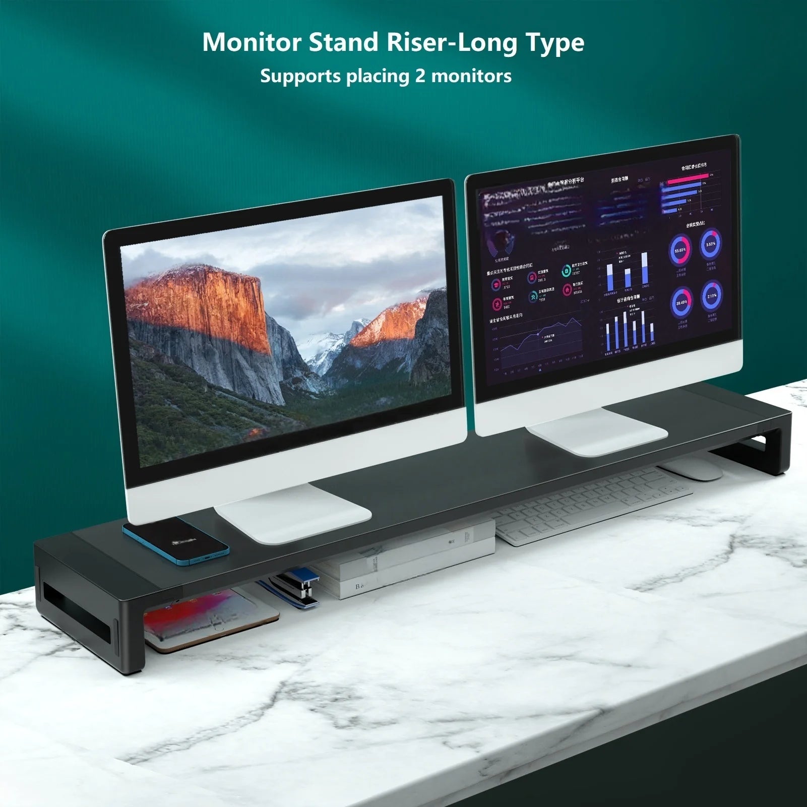 Dual Monitor Stand Riser, Extended Desktop Computer Monitor Support Bracket, for 2 Monitors, with Printer Stand and Laptop Stand - WinSupport Tech
