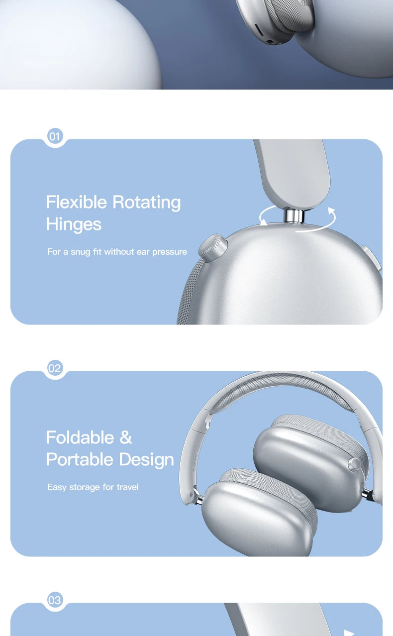 Wireless Bluetooth Headphones Over-Ear, Hi-Res Audio, Sport Headphone, Foldable Stereo, Travel Headphones, Silver