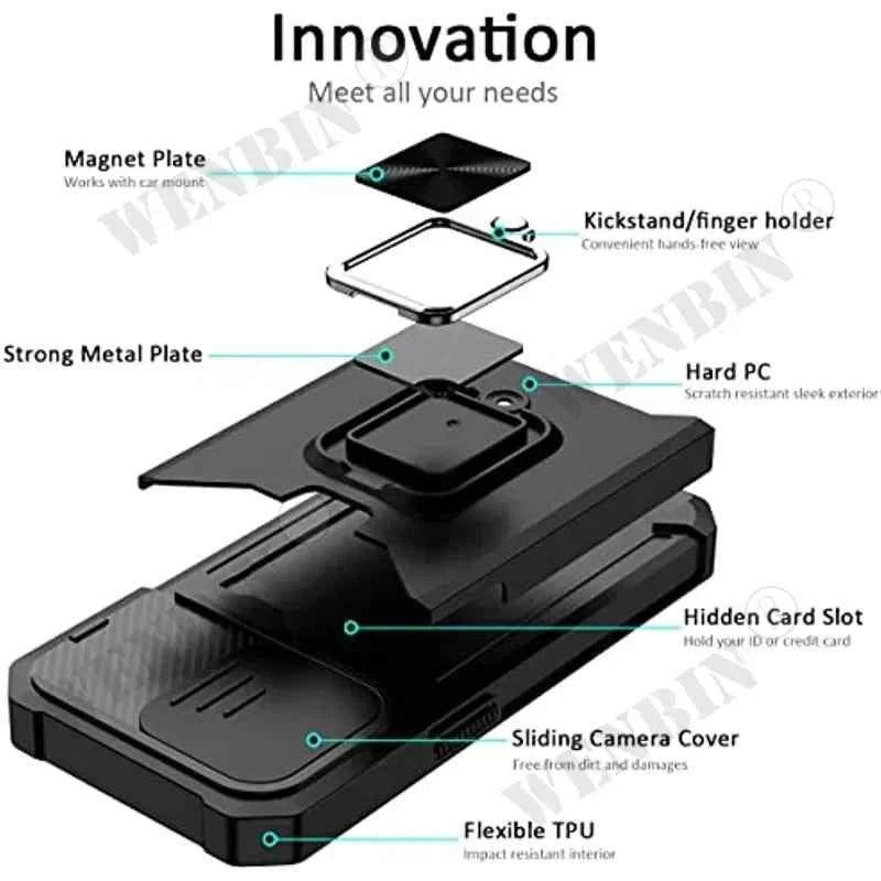 Case For iPhone 16 15 14 13 12 Pro Max Plus 8 7 Plus Mini SE Heavy Duty Protection With Sliding Camera Cover And Card Clip Cover