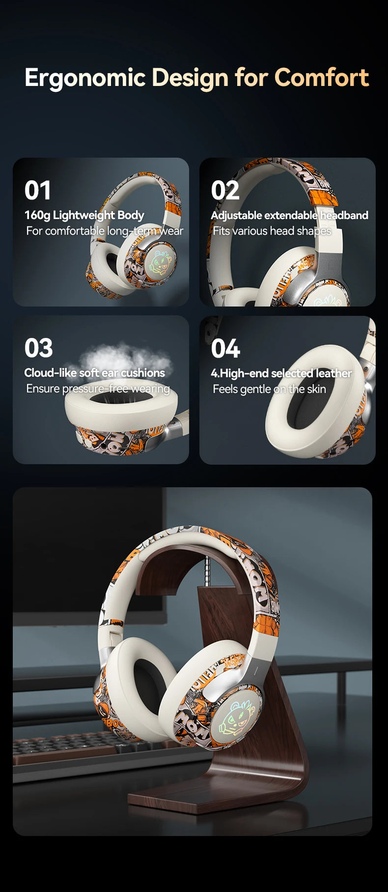Graffiti Wireless Gaming Headphones 360° Stereo Sound, Support AUX/TF Card Mode Hi-Res Audio, Over Ear Foldable Lightweight