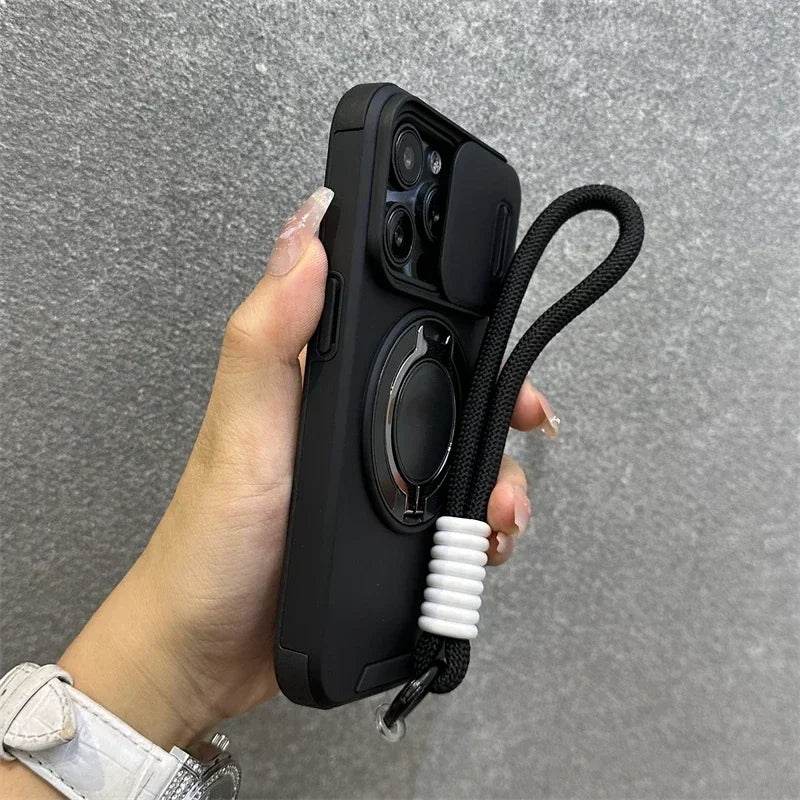 Armor Magnetic Bracket Case for iPhone 16e 16 14 13 12 11 15 Pro Max Plus With Lanyard Slide Camera Protection Shockproof Cover