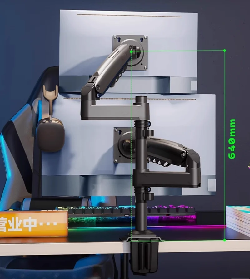 Desktop Double Monitor Holder Arm Gas Spring Full Motion 17'-27' LCD TV Mount Ergonomic Dual Arm Clamp Bracket 2-9kgs Each H180