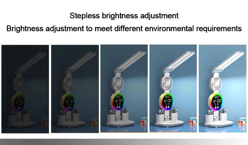 LED Table Lamp with Fan And Clock Display Reading Desk Light for Study Night Light Adjustable Brightness