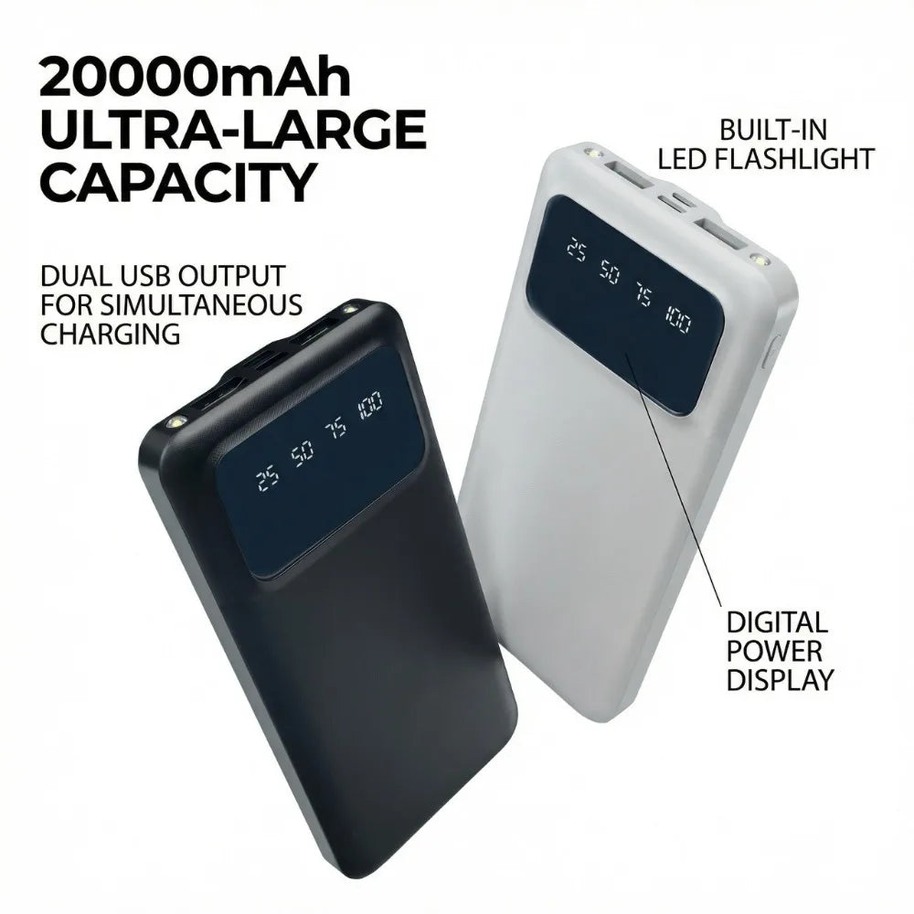 20000mAh Large Capacity Power Bank, 5V 2.1A Portable USB Charger with LED Digital Display, Dual USB Output Ports, Type-C & Micro Dual Inputs, Safe Stable Lithium Polymer Battery, Compatible with iOS & Android Devices