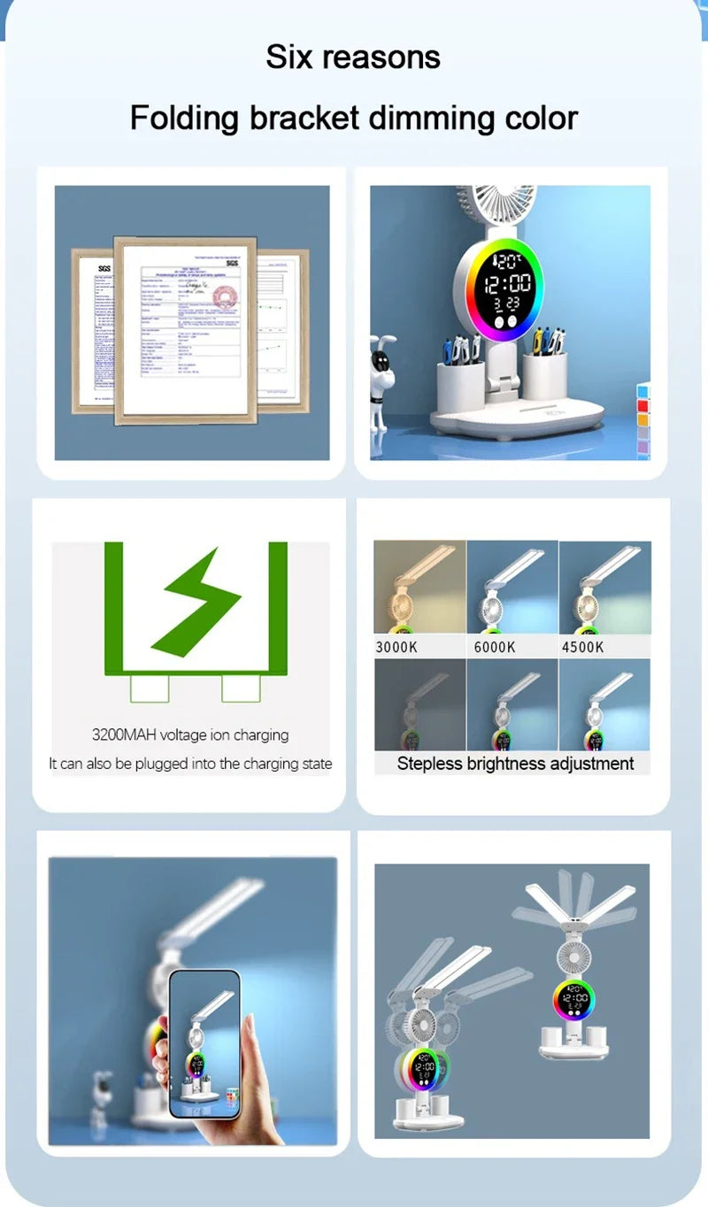 LED Table Lamp with Fan And Clock Display Reading Desk Light for Study Night Light Adjustable Brightness