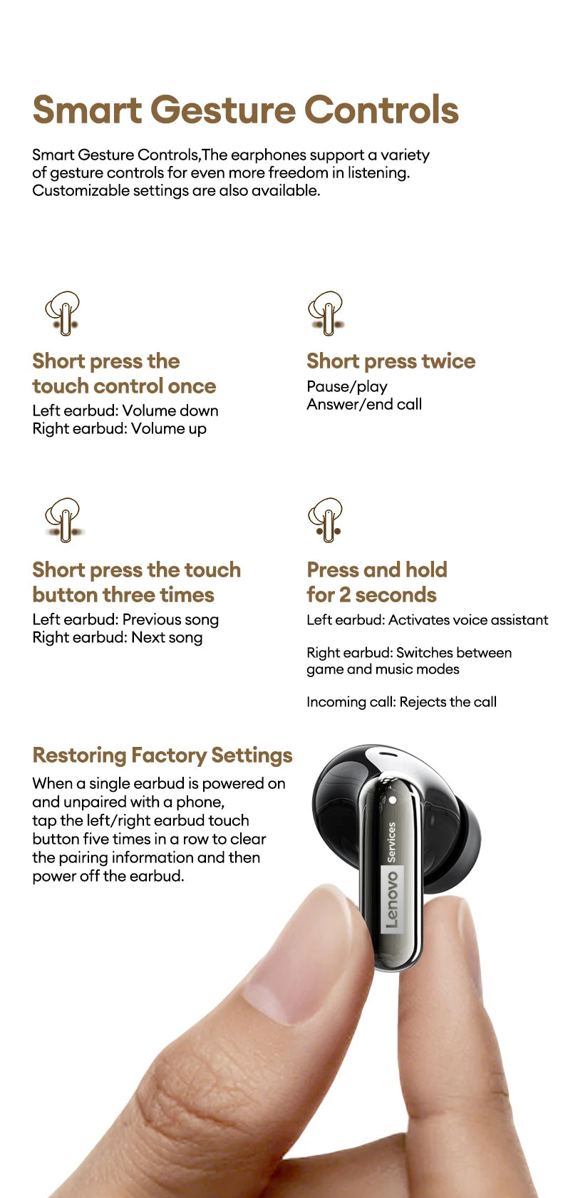 Lenovo LE208 Bluetooth V6.0 Earphones ENC Noise Cancelling Wireless Headphone Low Latency Gaming Music Earbuds HD Call With Mic