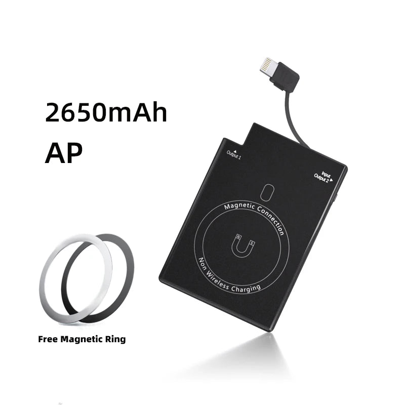 Magnetic Card-Size Power Bank 2650mAh Ultra-Slim Portable Charger with Built-in USB-C & Lightning Cables 7.5W Quick Charge