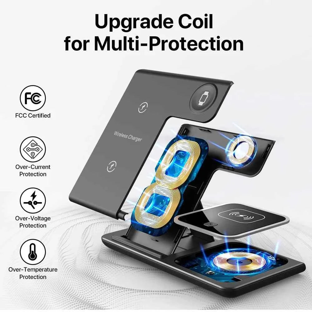 LED Fast Wireless Charger Stand 3 in 1 Foldable Charging Station For iPhone17/16/15/14Apple Watch 9 8 7 6 5 Airpods Pro