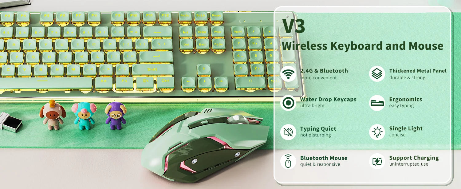 EWEADN V3 wireless Silent Office keyboard and mouse set,104 Keys Full Size with Pudding Keycaps, for Games and Office, Laptop/PC