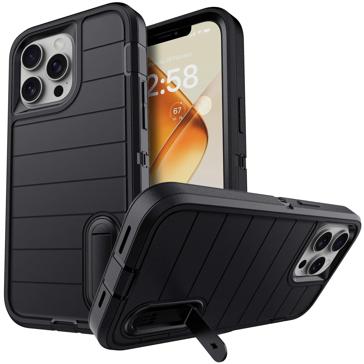 For iPhone 13/iPhone 13 Pro/iPhone 13 Pro Max 5G 3-Layers Heavy Duty Protective Kickstand Phone Cover Black Case