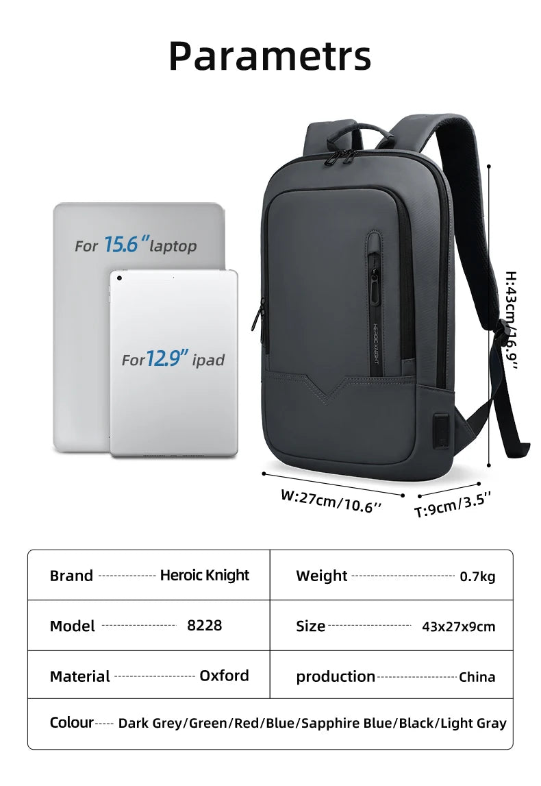 Heroic Knight Laptop Work Backpack Slim Men Waterproof Multifunctional 15.6