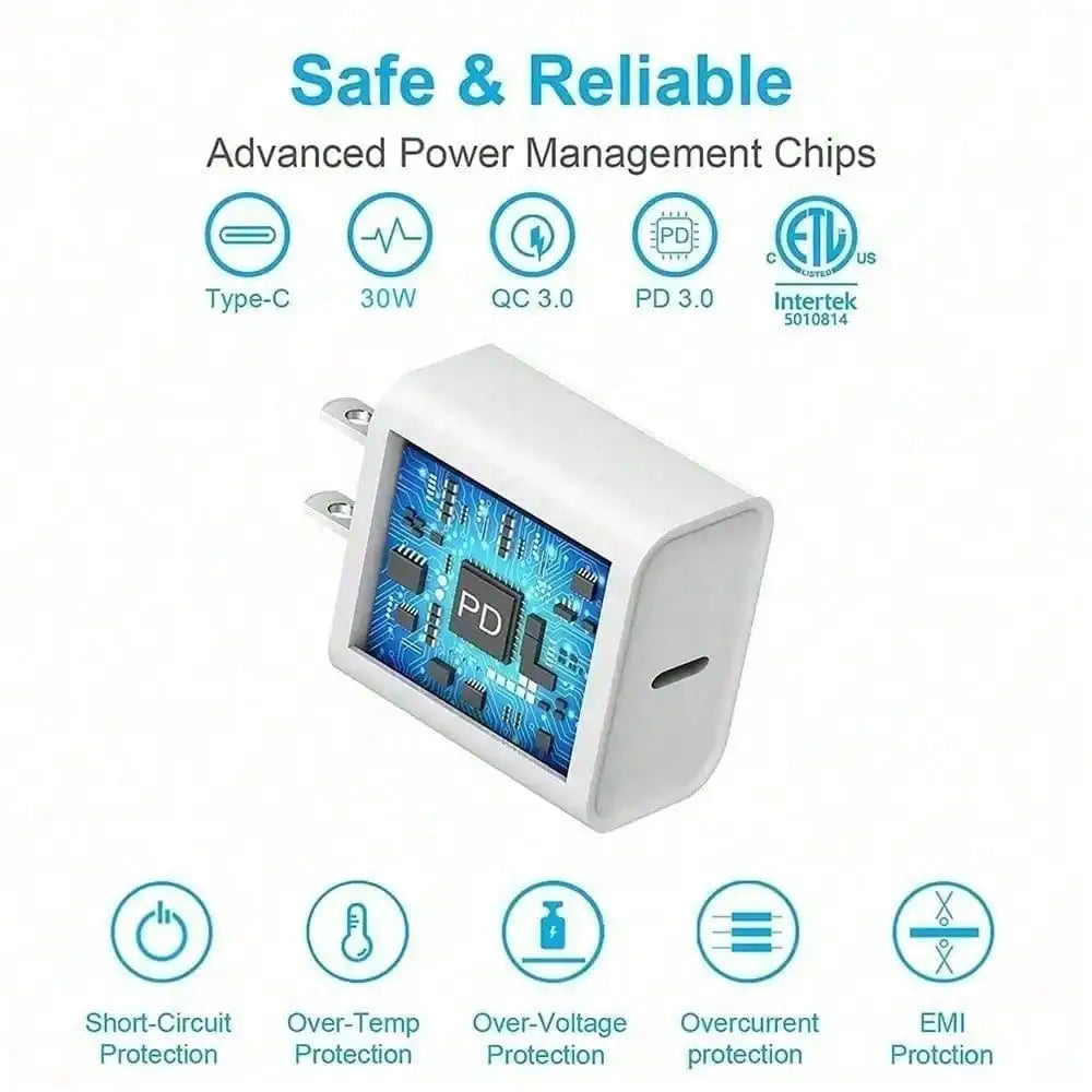 30W Charger Kit 30W Fast Charging Adapter + 3.3ft/100cm High-Efficiency Data Sync Fast Charging Cable Compatible With