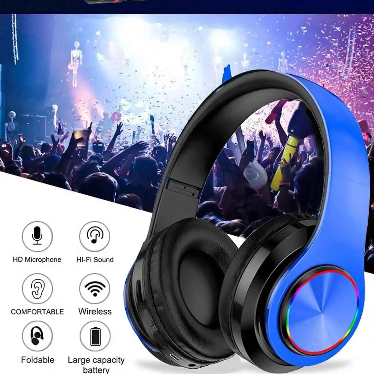Bluetooth 5.3 Over-Ear Headphones, Active Noise Reduction, Subwoofer Bass, LED Light Design, Foldable Portable Wireless Headset for Gaming, Music, Sports, Phones & Computers