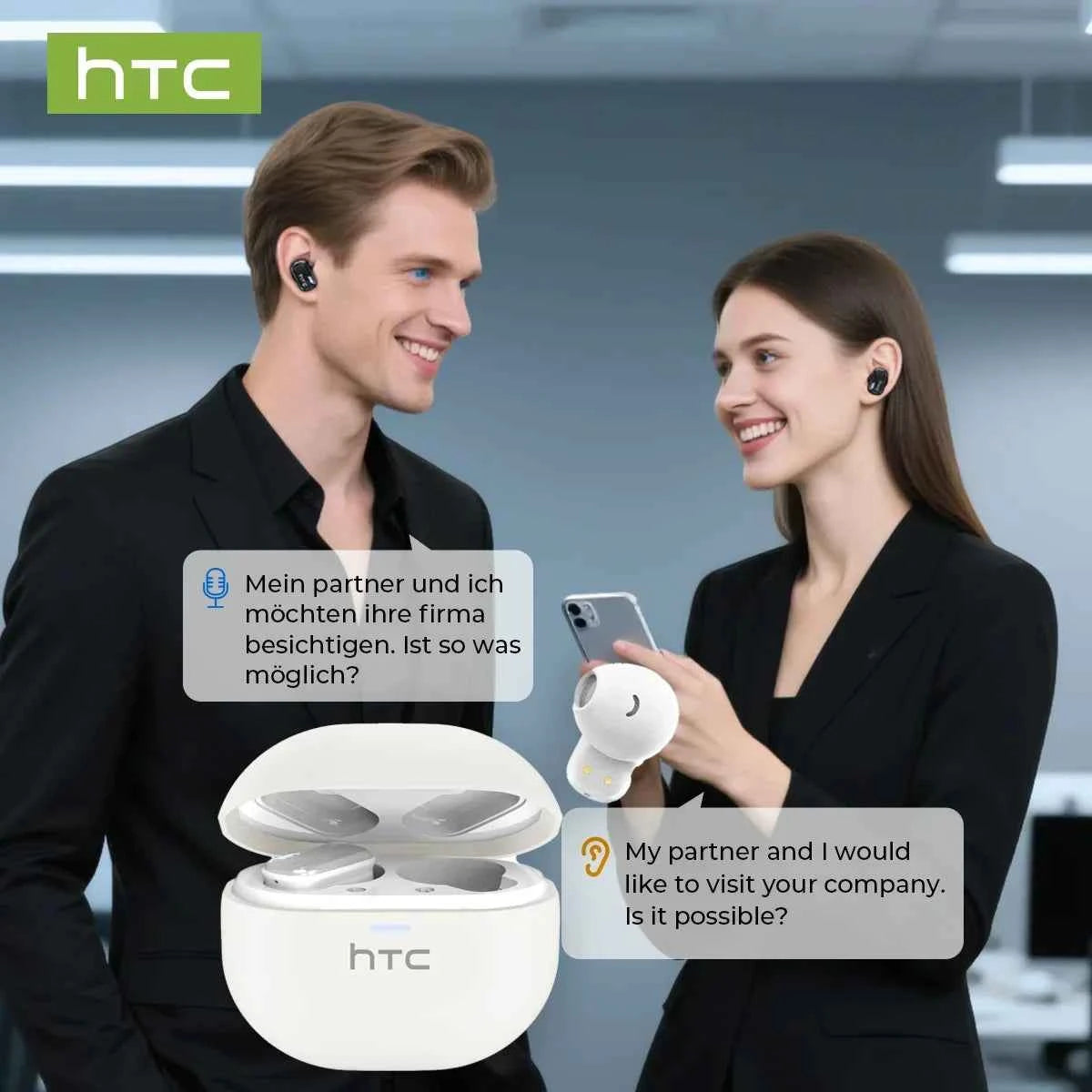 HTC NE16 AI Earphones Bluetooth V6 TWS Sports Wireless Headphones with Mic Noise Reduction HD Call AI Translator Earbuds Mini