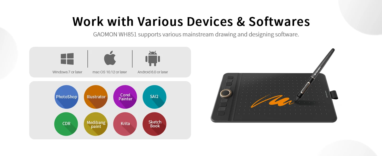 GAOMON Wireless Graphics Tablet WH851 Bluetooth 5.0 Connectivity 16K Levels Pen 8x5 Inch Type-C Drawing Tablet with Sleeve Glove