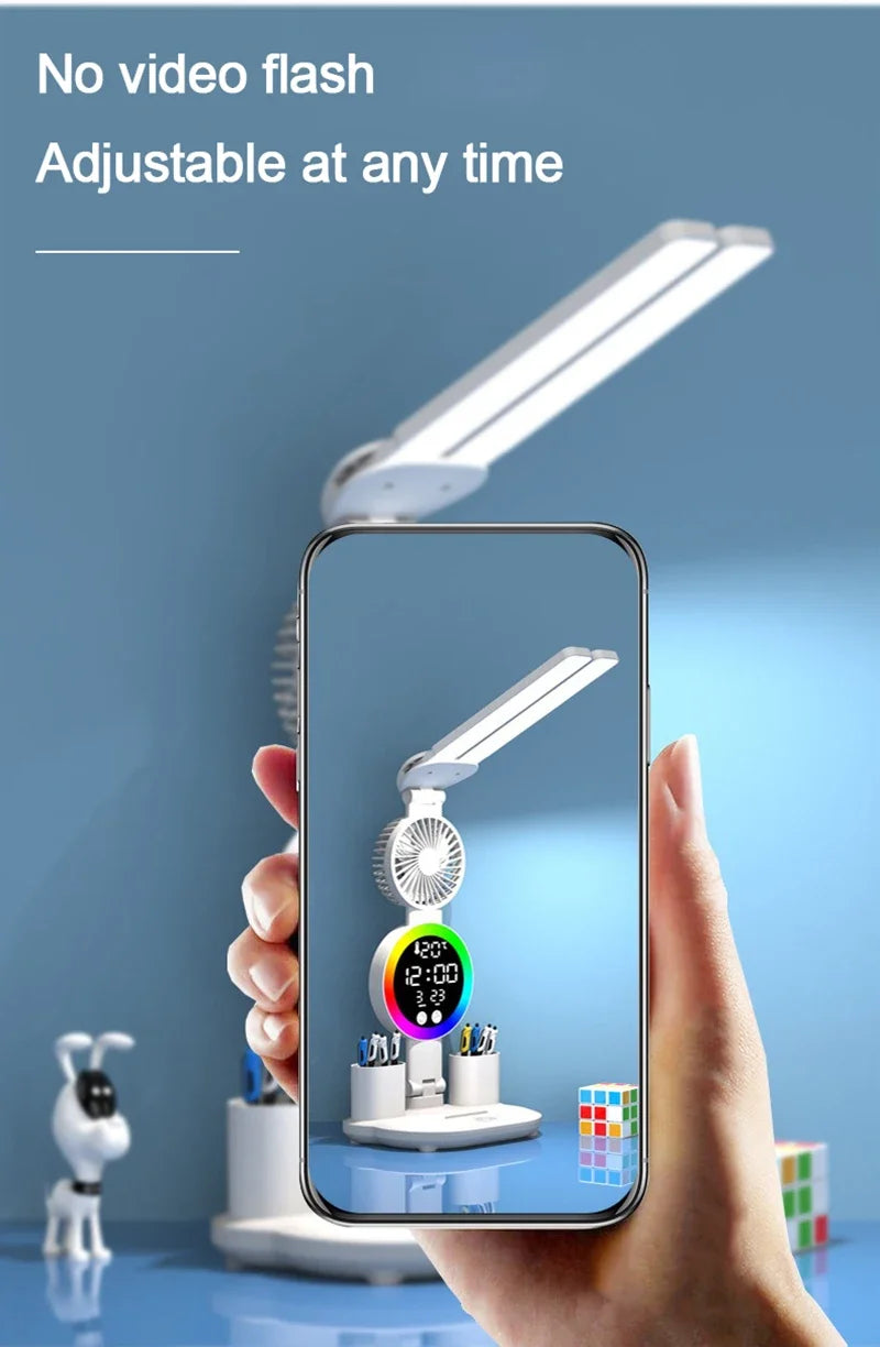 LED Table Lamp with Fan And Clock Display Reading Desk Light for Study Night Light Adjustable Brightness