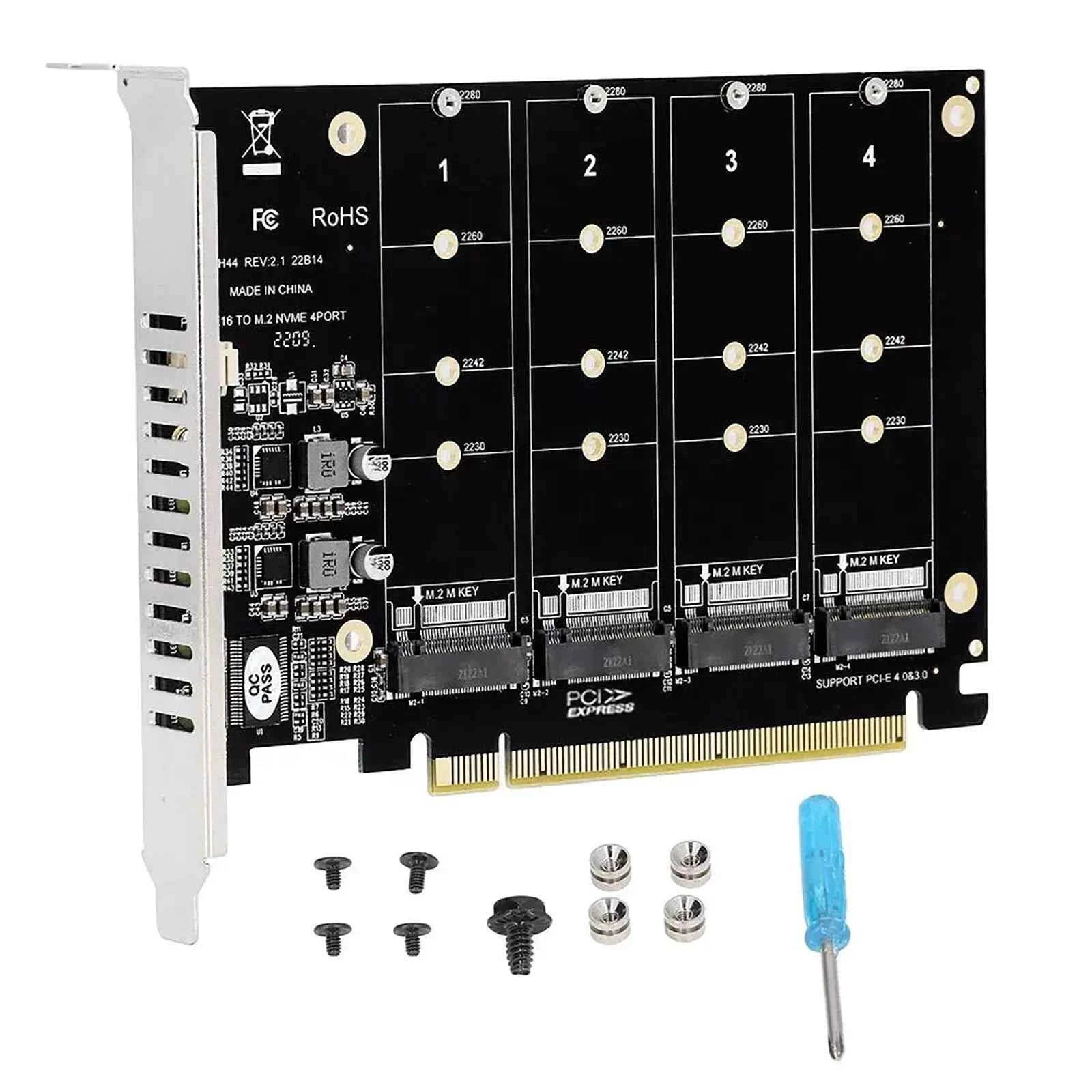 M.2 NVME SSD to PCIE X16 Adapter 4 Port NVMe to PCI-e Host Expansion Card Support 2230/2242/2260/2280