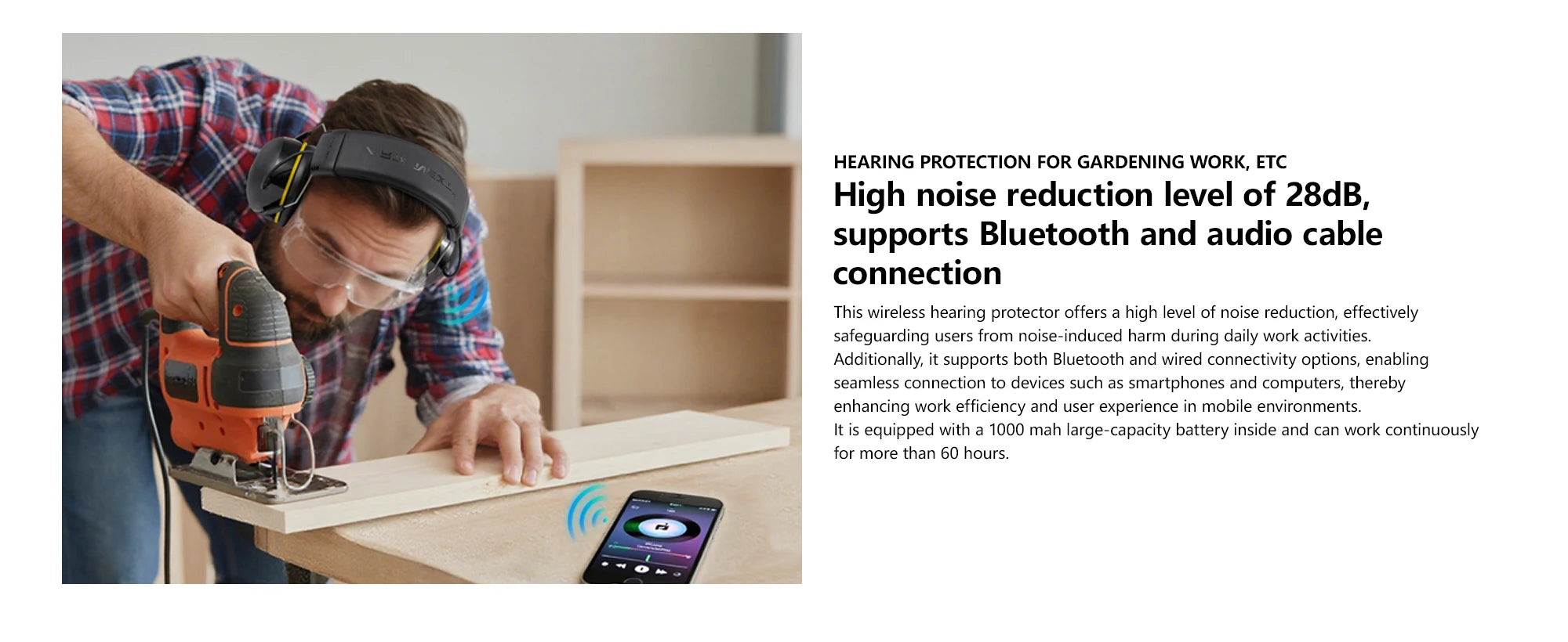 30dB SNR Hearing Protection Headphones with Bluetooth Rechargeable Noise Reduction Safety Ear Muffs Wireless Hearing Protector
