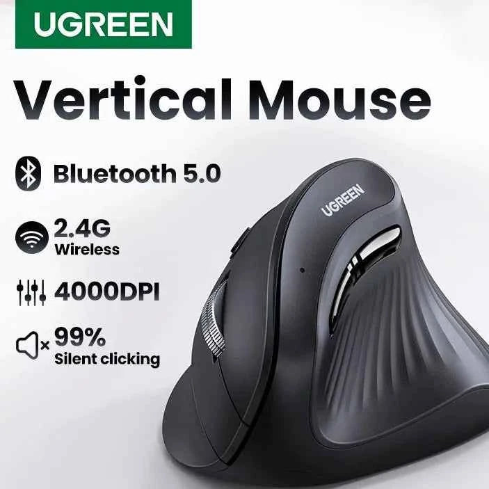 UGREEN Vertical Mouse Wireless Bluetooth5.0 2.4G Ergonomic 4000DPI 6 Mute Buttons for MacBook Tablet Laptops Computer PC Mice