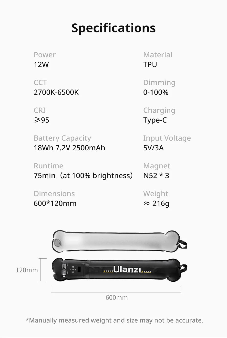 Ulanzi UA12 12W Inflatable TPU Air Tube Light 2700K-6500K Bi-Color Portable Pocket Light Stick Magnetic Mount for Livestreaming