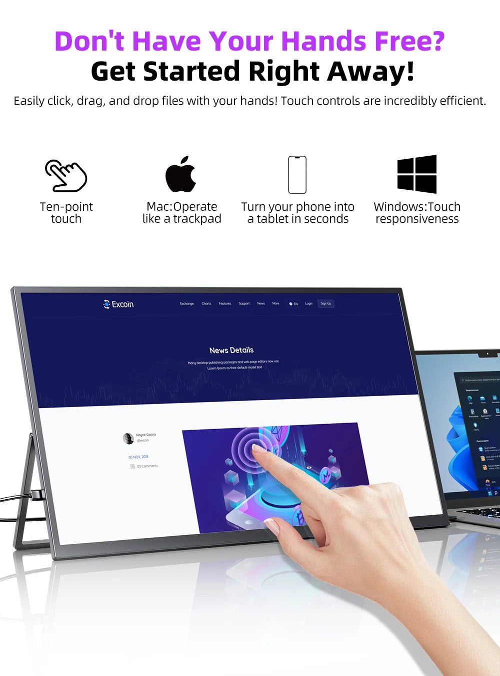 UPERFECT 22' 2K QLED Touchscreen Portable Monitor W/VESA & 180° Adjustable Stand 100% DCI-P3 FreeSync HDR Travel Gaming Display