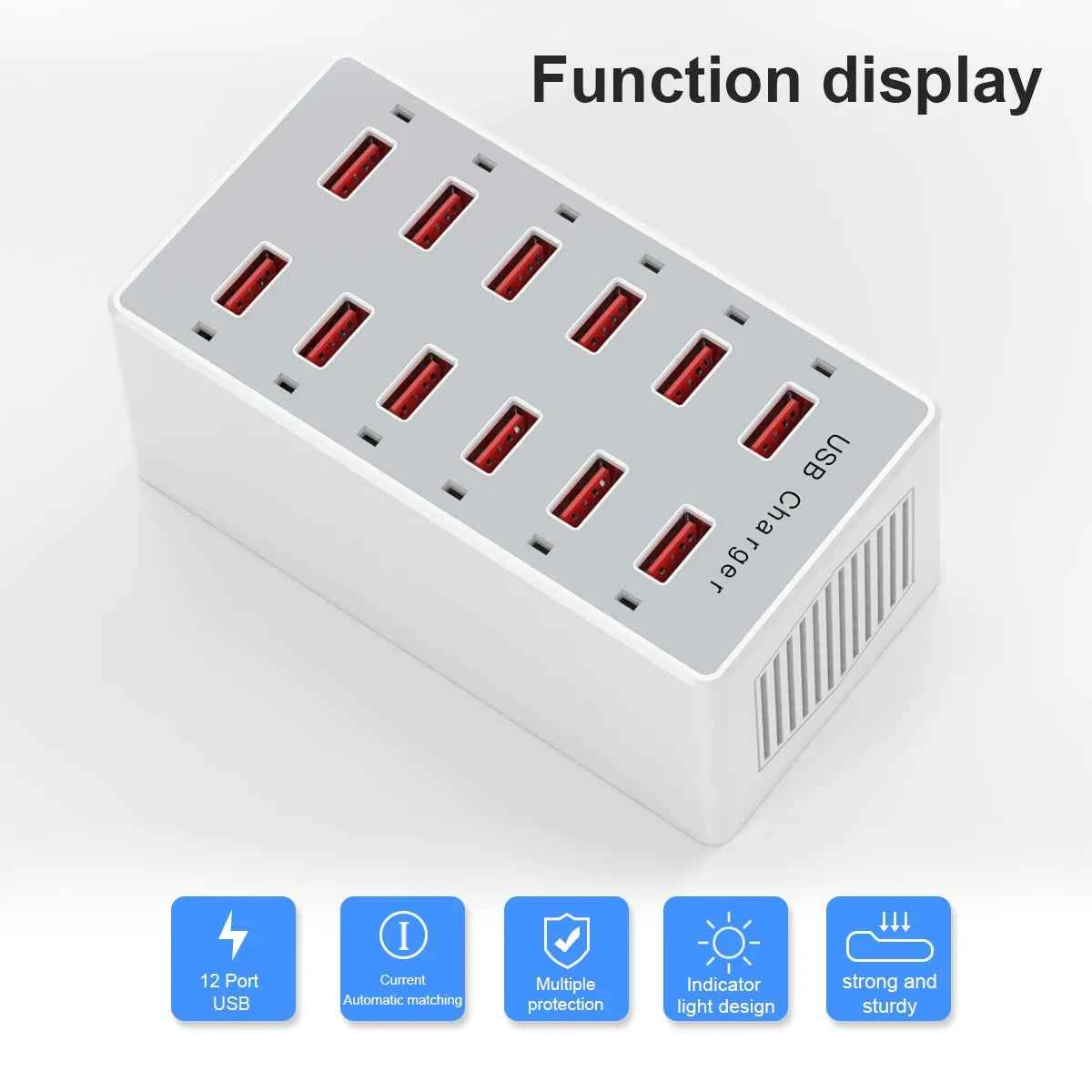 12-Port 60W Desktop USB Charger Smart Fast Charging Station US Wall Plug for Phones & Tablets