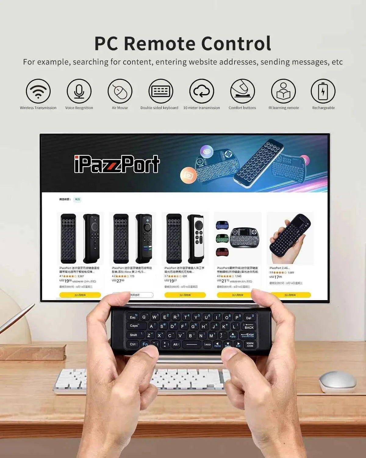 iPazzPort PC Remote Control,Air Mouse Remote with Keyboard, 2.4G & Bluetooth QWERTY Keyboard Controller for Windows 10,11, HTPC