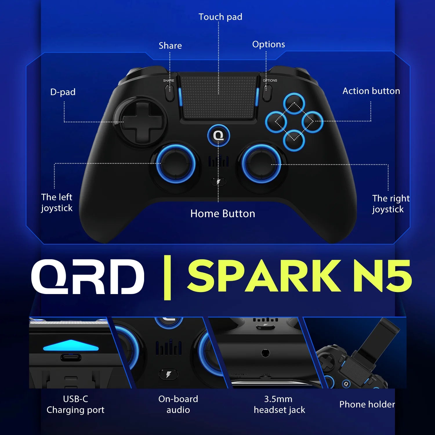 Original QRD Spark N5 Wireless Controller For PS4/PS3/IOS/Android/PC Hall Joystick Vibration Effect For PS5 Via Converter