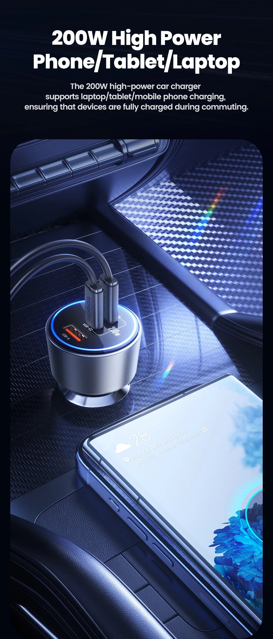 Toocki 200W Car Charger USB Type C QC 4.0 PPS 45W PD 100W Fast Charging USB C Car Phone Charger for iPhone 16 15 Samsung Macbook