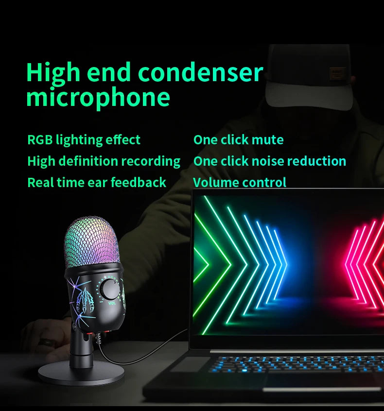 USB Microphone Play Gaming Mic for PC Mac PS4/5 Podcast Microphone with RGB Mute Monitor Noise Reduction for Recording Streaming