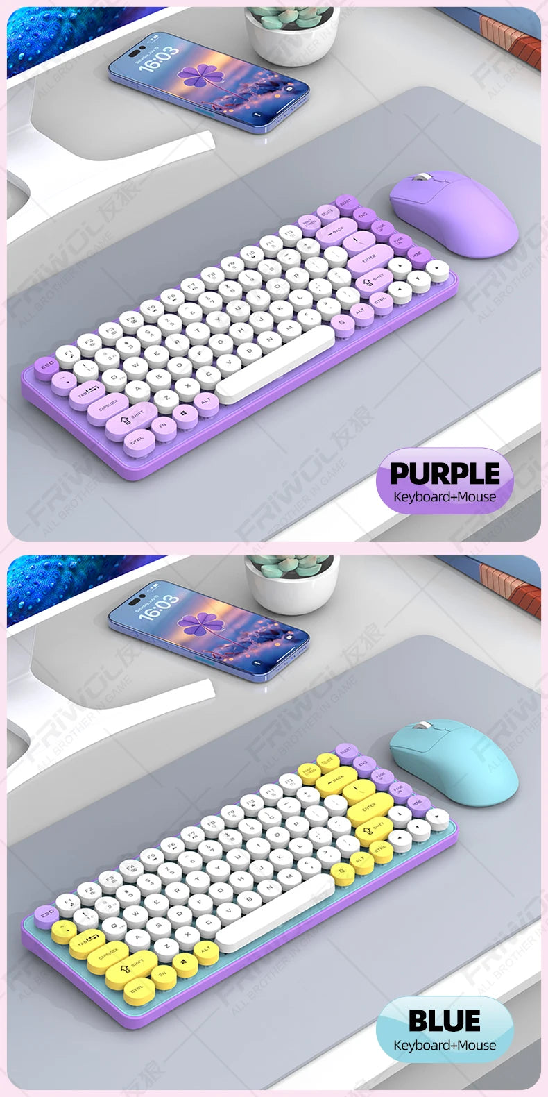 Friwol BT185 Bluetooth Wireless Keyboard Mouse Set Punk Keycap Laptop Desktop Office Mute Keyboard Mechanical Feel