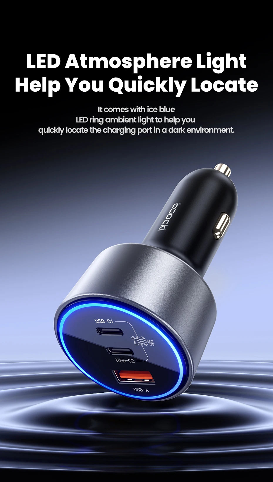 Toocki 200W Car Charger USB Type C QC 4.0 PPS 45W PD 100W Fast Charging USB C Car Phone Charger for iPhone 16 15 Samsung Macbook