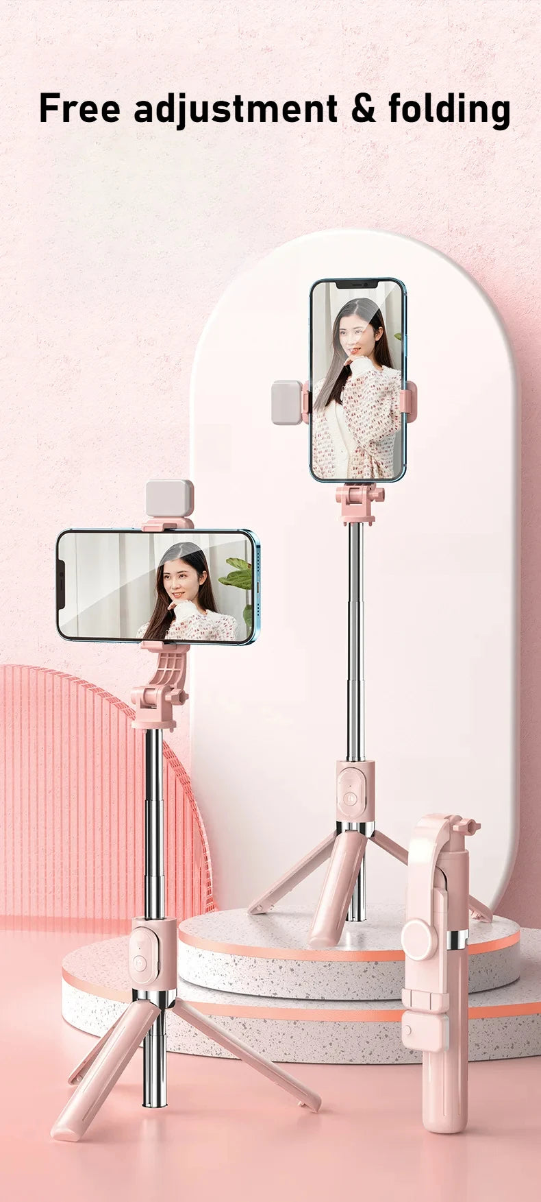 Bluetooth Remote Extendable Selfie Stick Tripod Stand for iPhone Samsung, Tiktok Live Streaming Portable Telescopic Phone Stand