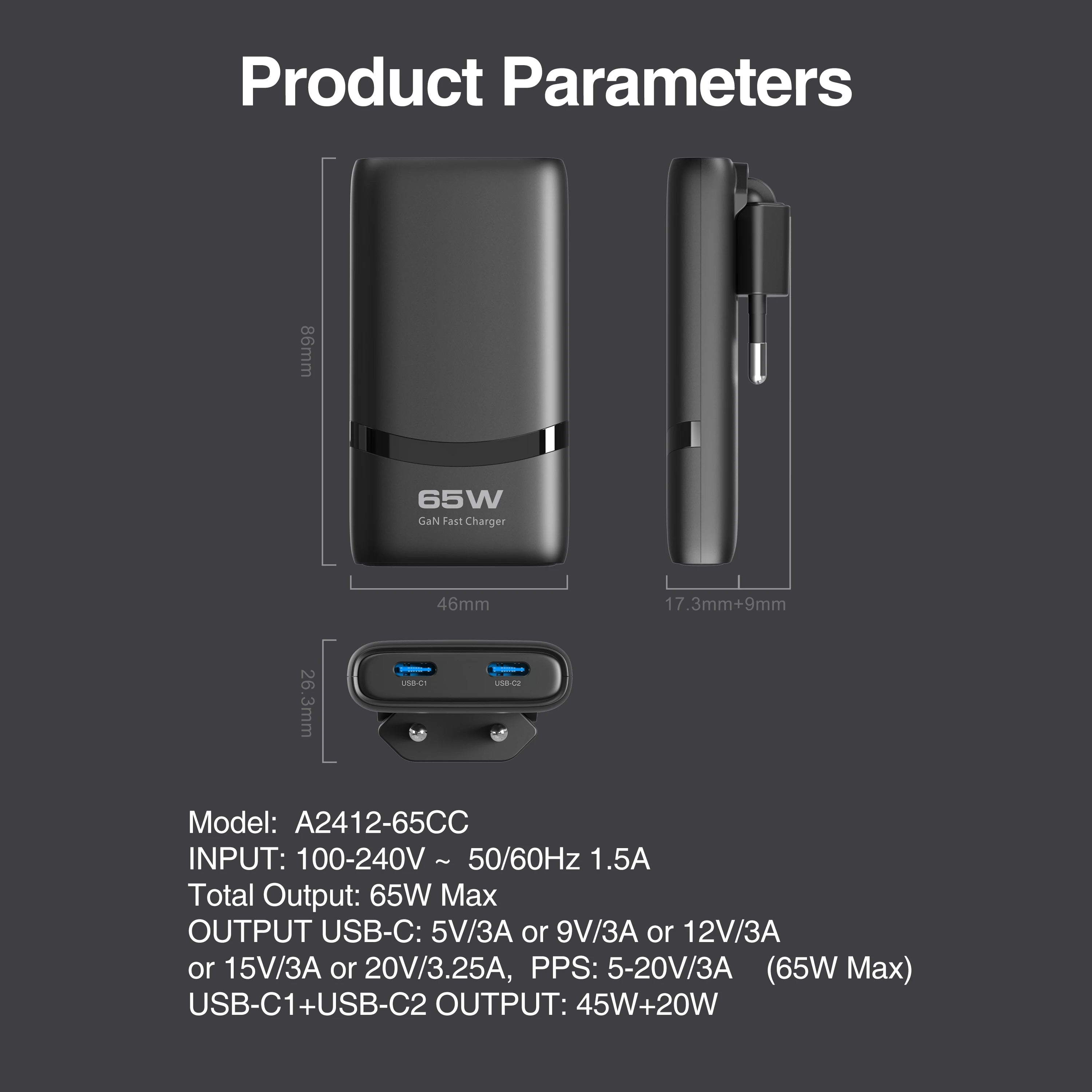 65W Flat GaN USB C Charger Dual-port Fast Wall Charger Compact Power Adapter With Foldable Plug For Mobile Phone