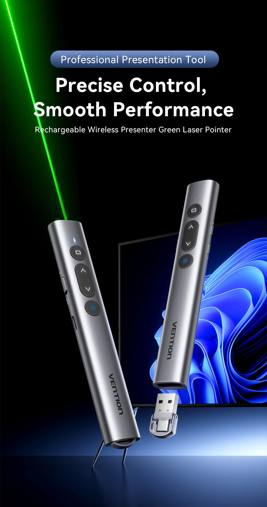 Vention Wireless Laser Pointer Presenter 100m 2.4Ghz USB C for MacBook Android Projector PPT Remote Control Presentation Pen