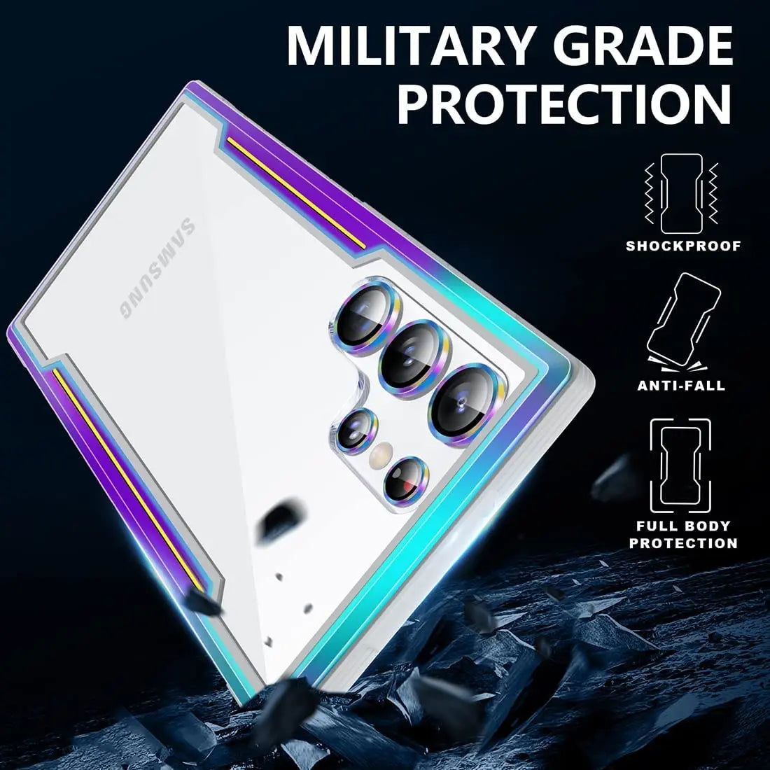 For Samsung Galaxy S23 Ultra Case with Camera Lens Protector Military Armor-Level Shockproof Metal Silicone Shockproof Clear