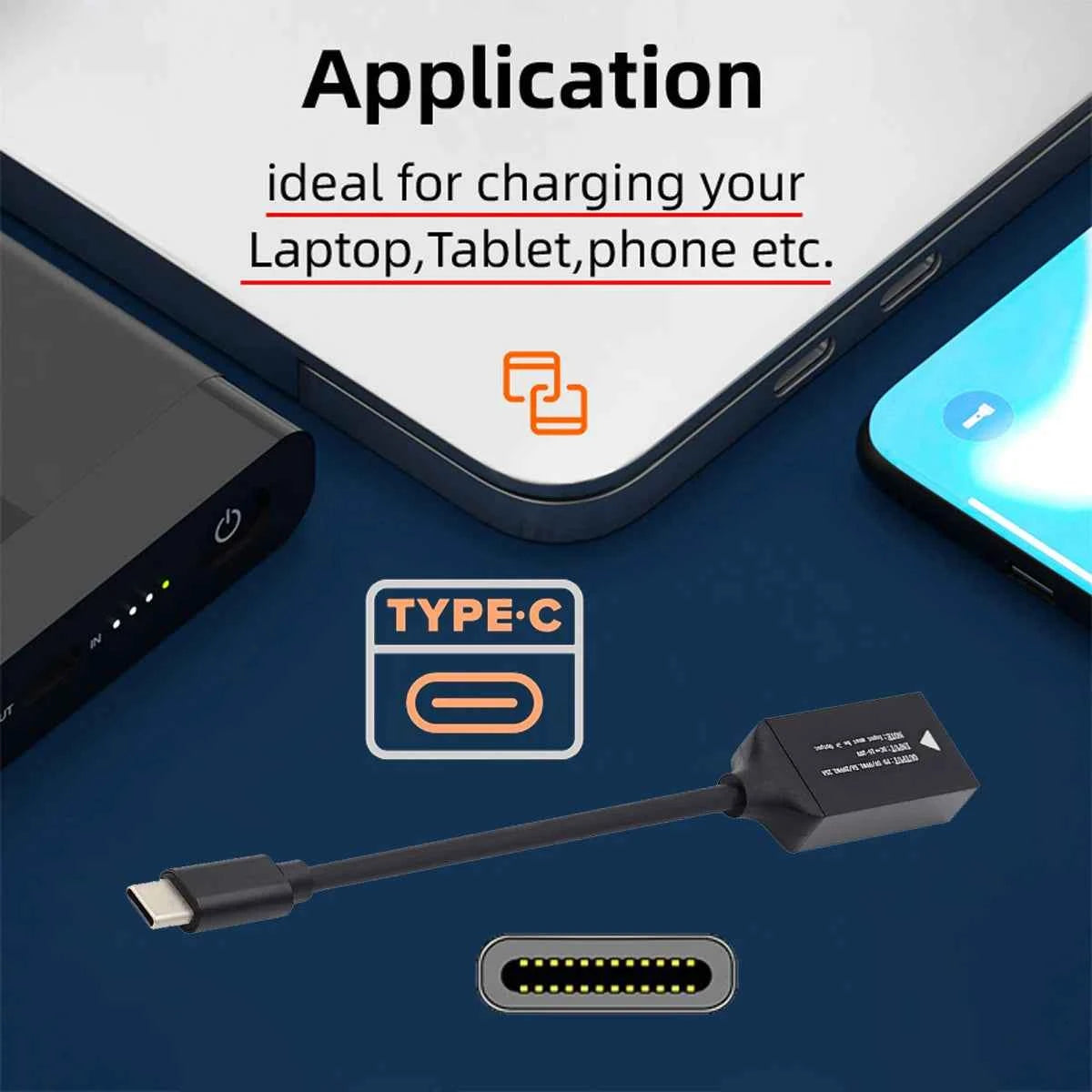 PD100W Square Jack to USB Type-C Converter Charging Cable Compatible with Lenovo Power Adapter for Laptops Mobile Phones Tablets