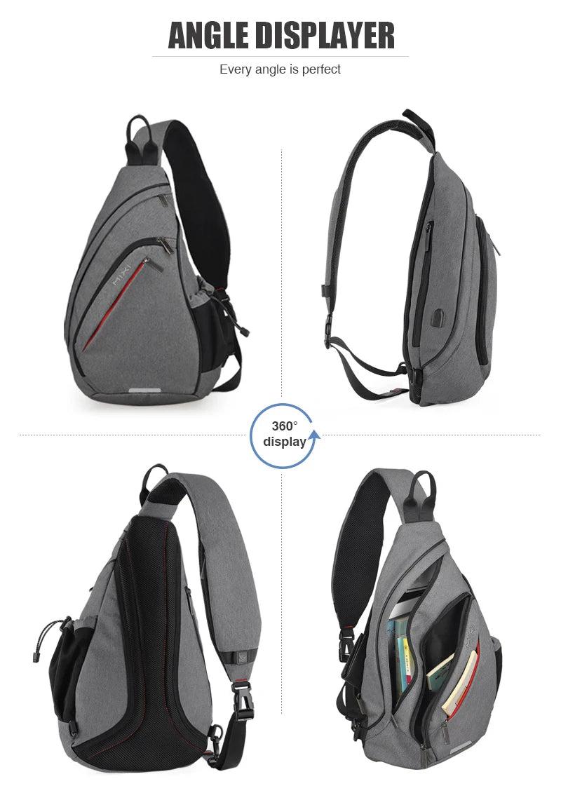 Mixi One Shoulder Backpack Crossbody Sling Bag – USB Charging Sports Travel Bag for Men & Women, Lightweight Cycling & School Backpack