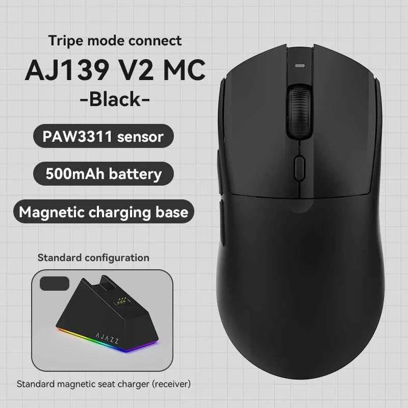 AJAZZ AJ139 V2 MC 1000HZ Gaming Mouse Small/medium size tri-mode wireless PAW3311 sensor lightweight design RGB full-color magnetic base About 66g lightweight
