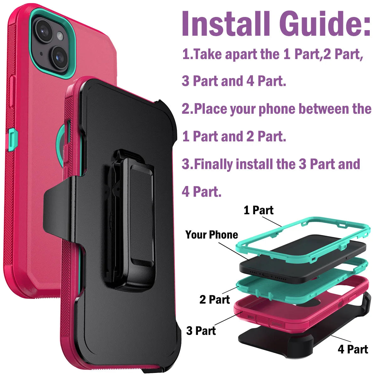 For iPhone 14/14 Plus/14 Pro Shockproof Phone Case Rugged Hybrid Heavy Duty Soft Protective Cover With Belt Clip