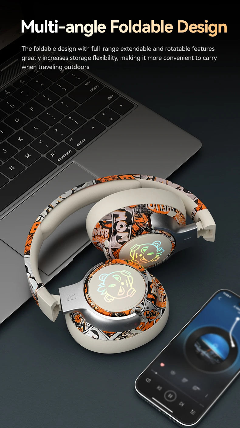 SY-T12 Graffiti LED Light Up Wireless Headphones Over Ear Foldable 3D Earpads Bluetooth 5.4 Headset For Gaming Sports